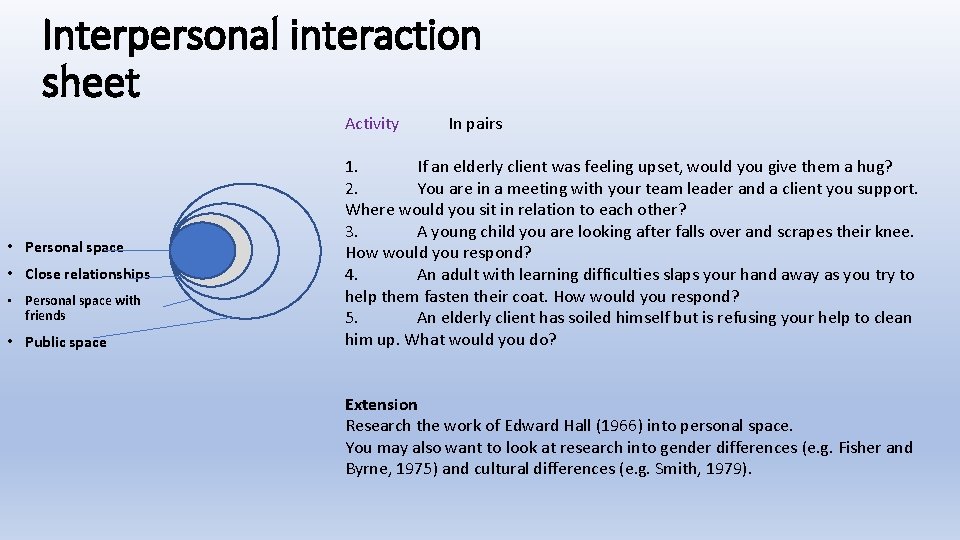 Interpersonal interaction sheet Activity • Personal space • Close relationships • Personal space with