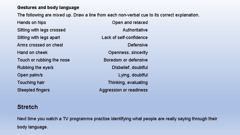 Gestures and body language The following are mixed up. Draw a line from each