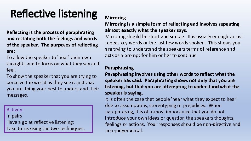 Reflective listening Reflecting is the process of paraphrasing and restating both the feelings and