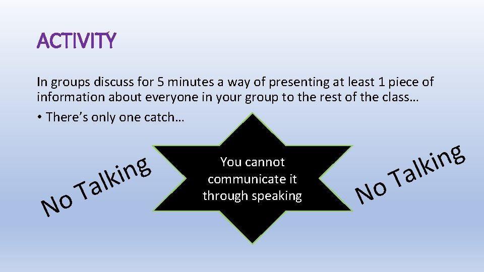 ACTIVITY In groups discuss for 5 minutes a way of presenting at least 1