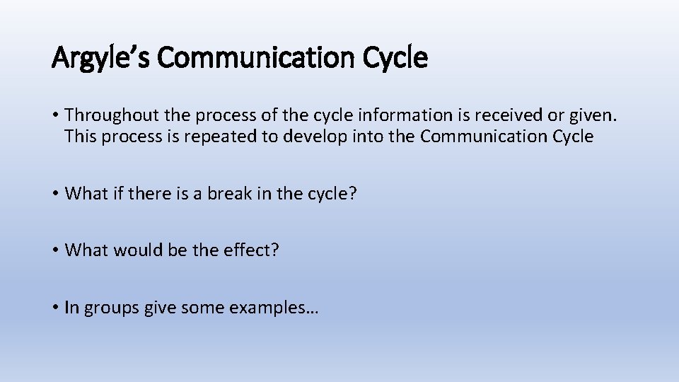 Argyle’s Communication Cycle • Throughout the process of the cycle information is received or