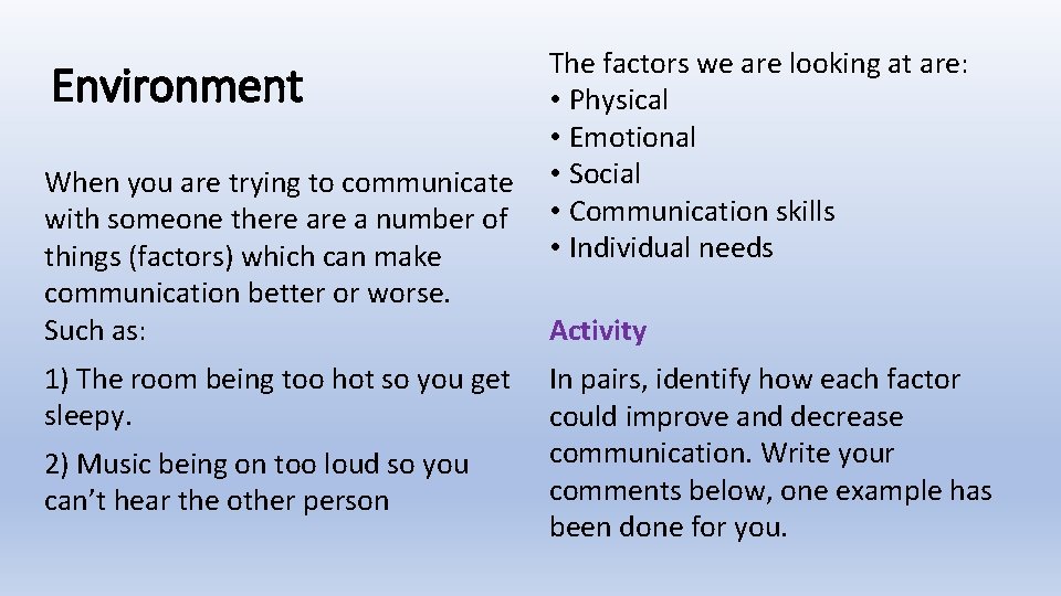 Environment When you are trying to communicate with someone there a number of things