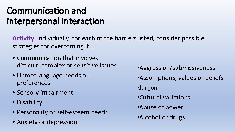 Communication and interpersonal interaction Activity Individually, for each of the barriers listed, consider possible