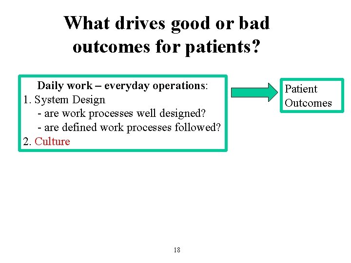 What drives good or bad outcomes for patients? Daily work – everyday operations: 1.