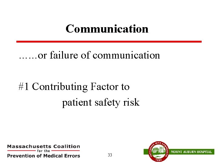 Communication ……or failure of communication #1 Contributing Factor to patient safety risk 33 