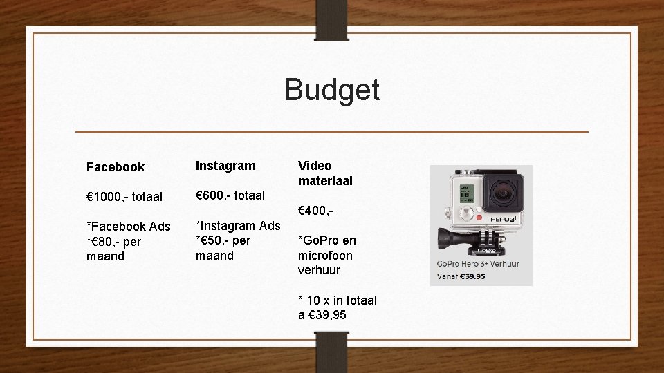 Budget Facebook Instagram € 1000, - totaal € 600, - totaal Video materiaal € Budget Facebook Instagram € 1000, - totaal € 600, - totaal Video materiaal €