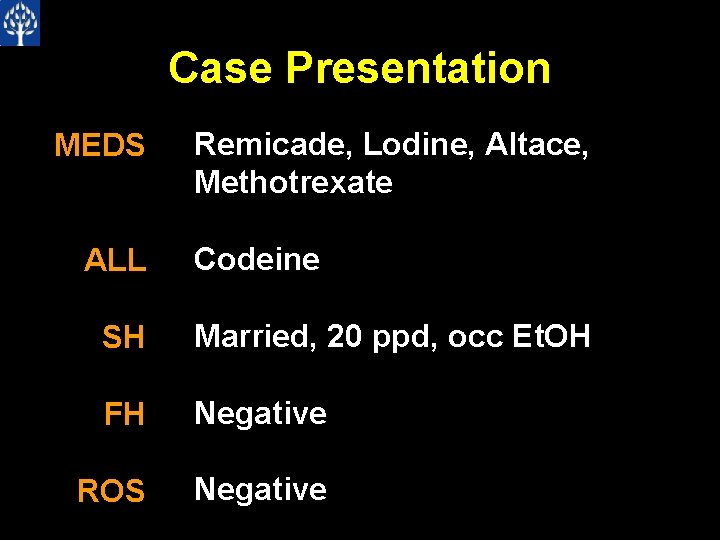 Case Presentation MEDS ALL Remicade, Lodine, Altace, Methotrexate Codeine SH Married, 20 ppd, occ