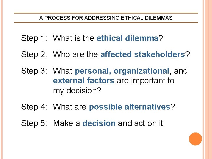 A PROCESS FOR ADDRESSING ETHICAL DILEMMAS Step 1: What is the ethical dilemma? Step A PROCESS FOR ADDRESSING ETHICAL DILEMMAS Step 1: What is the ethical dilemma? Step
