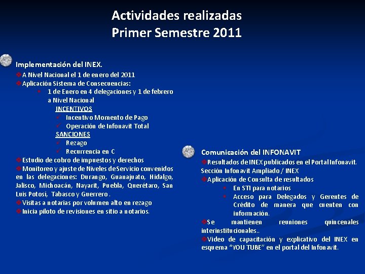 Actividades realizadas Primer Semestre 2011 Implementación del INEX. v. A Nivel Nacional el 1