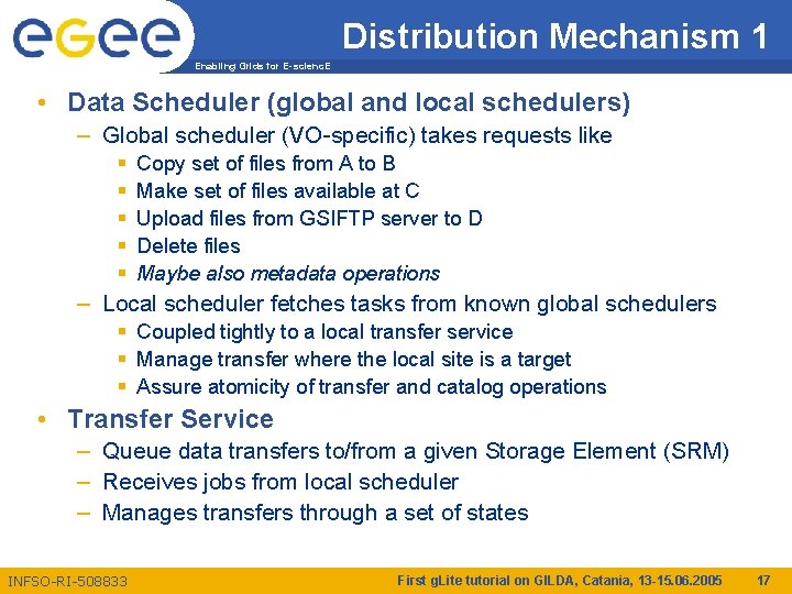 Distribution Mechanism 1 Enabling Grids for E-scienc. E • Data Scheduler (global and local