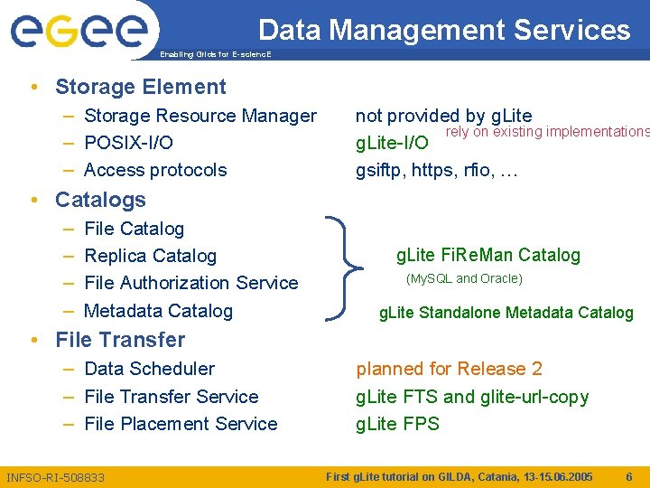 Data Management Services Enabling Grids for E-scienc. E • Storage Element – Storage Resource