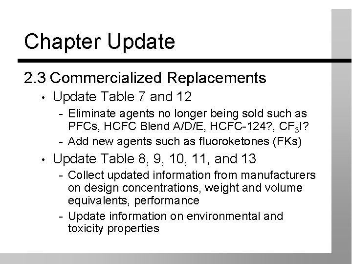 Chapter Update 2. 3 Commercialized Replacements • Update Table 7 and 12 - Eliminate