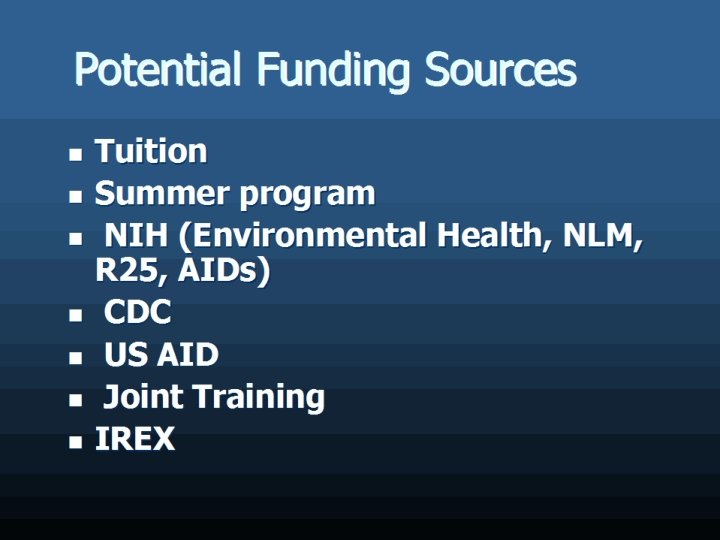 Potential Funding Sources Tuition Summer program NIH (Environmental Health, NLM, R 25, AIDs) CDC