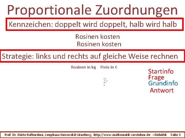 Proportionale Zuordnungen Kennzeichen: doppelt wird doppelt, halb wird halb Rosinen kosten Strategie: links und