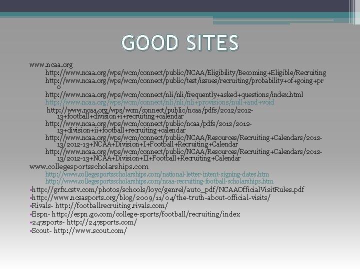 GOOD SITES www. ncaa. org http: //www. ncaa. org/wps/wcm/connect/public/NCAA/Eligibility/Becoming+Eligible/Recruiting http: //www. ncaa. org/wps/wcm/connect/public/test/issues/recruiting/probability+of+going+pr o