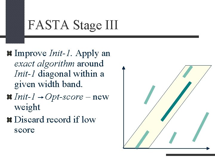 FASTA Stage III Improve Init-1. Apply an exact algorithm around Init-1 diagonal within a FASTA Stage III Improve Init-1. Apply an exact algorithm around Init-1 diagonal within a