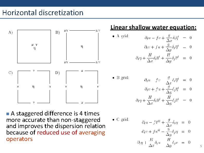 Horizontal discretization Linear shallow water equation: A staggered difference is 4 times more accurate