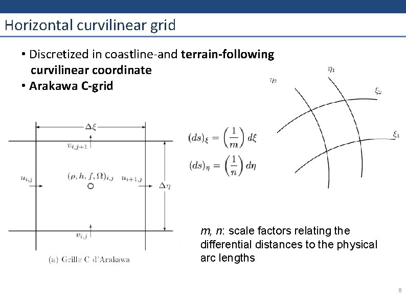 Horizontal curvilinear grid • Discretized in coastline-and terrain-following curvilinear coordinate • Arakawa C-grid m,