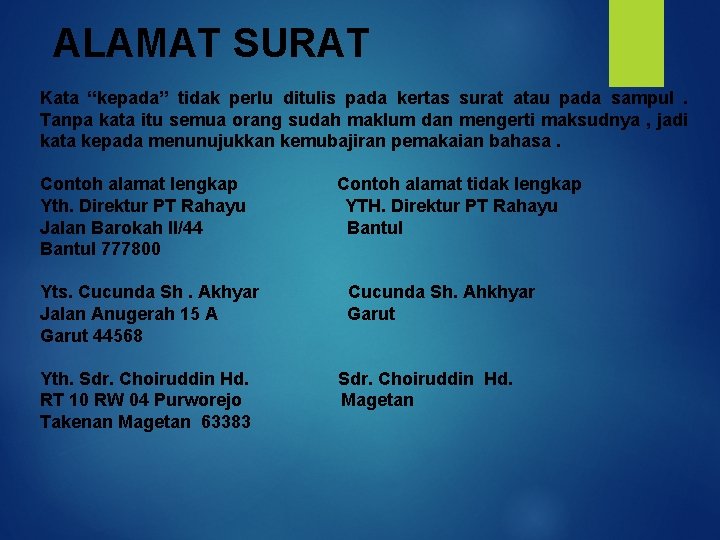 ALAMAT SURAT Kata “kepada” tidak perlu ditulis pada kertas surat atau pada sampul. Tanpa