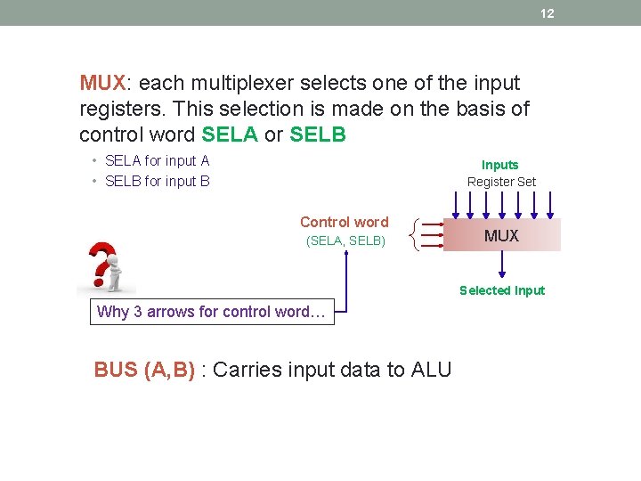 12 MUX: each multiplexer selects one of the input registers. This selection is made 12 MUX: each multiplexer selects one of the input registers. This selection is made