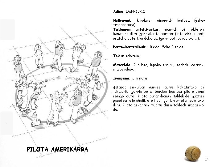 Adina: LMH/10 -12 Helburuak: kirolaren oinarriak lantzea (eskutrebetasuna) Taldearen antolakuntza: haurrak bi taldetan banatuko