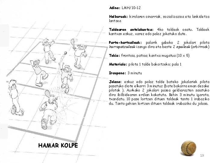 Adina: LMH/10 -12 Helburuak: kirolaren oinarriak, sozializazioa eta lankidetza lantzea Taldearen antolakuntza: 4 ko