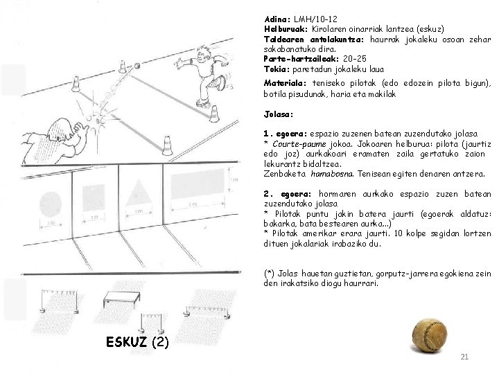 Adina: LMH/10 -12 Helburuak: Kirolaren oinarriak lantzea (eskuz) Taldearen antolakuntza: haurrak jokaleku osoan zehar