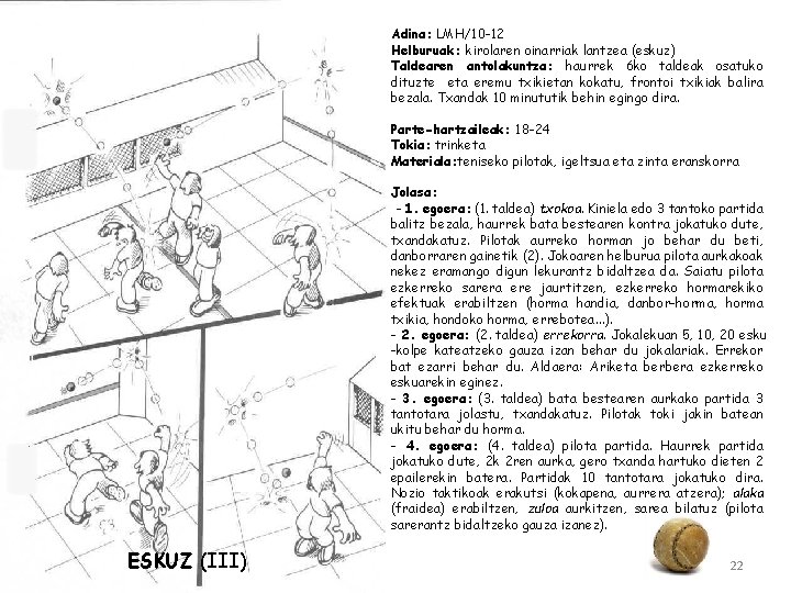 Adina: LMH/10 -12 Helburuak: kirolaren oinarriak lantzea (eskuz) Taldearen antolakuntza: haurrek 6 ko taldeak