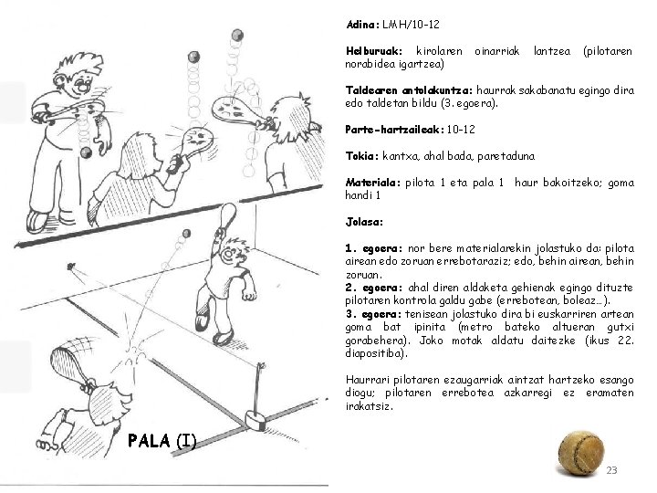 Adina: LMH/10 -12 Helburuak: kirolaren norabidea igartzea) oinarriak lantzea (pilotaren Taldearen antolakuntza: haurrak sakabanatu