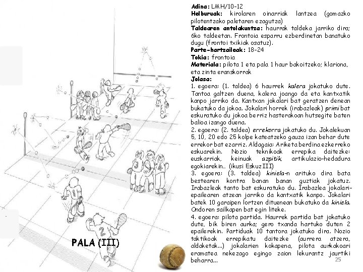 PALA (III) Adina: LMH/10 -12 Helburuak: kirolaren oinarriak lantzea (gomazko pilotentzako paletaren ezagutza) Taldearen