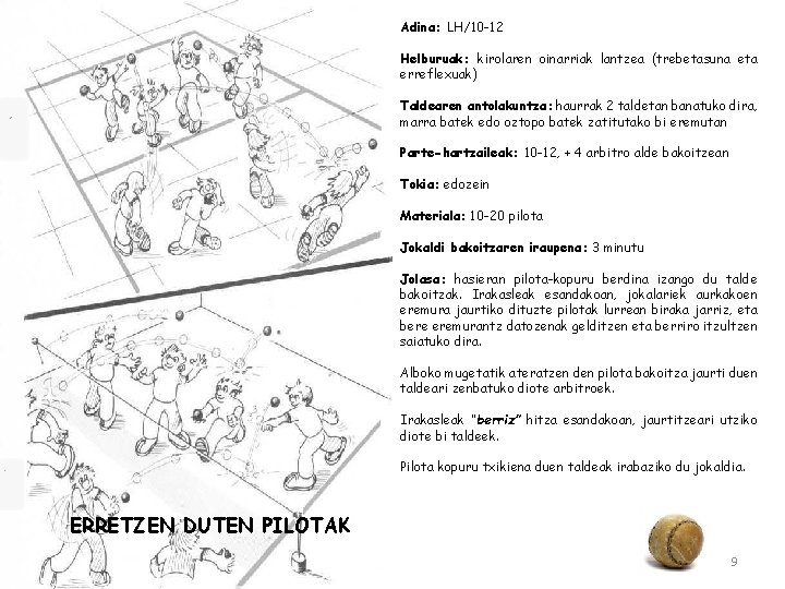 Adina: LH/10 -12 Helburuak: kirolaren oinarriak lantzea (trebetasuna eta erreflexuak) Taldearen antolakuntza: haurrak 2