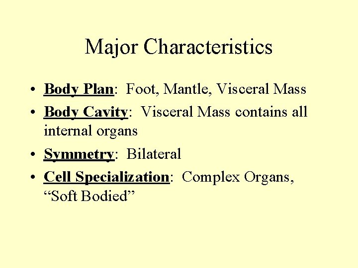 Major Characteristics • Body Plan: Foot, Mantle, Visceral Mass • Body Cavity: Visceral Mass