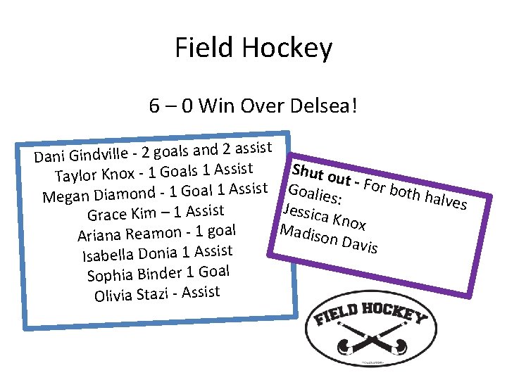 Field Hockey 6 – 0 Win Over Delsea! assist Dani Gindville - 2 goals