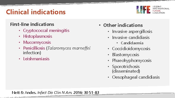 Clinical indications First-line indications • Cryptococcal meningitis • Histoplasmosis • Mucormycosis • Penicilliosis (Talaromyces