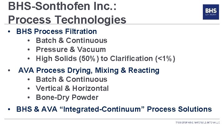 BHS-Sonthofen Inc. : Process Technologies • BHS Process Filtration • Batch & Continuous •