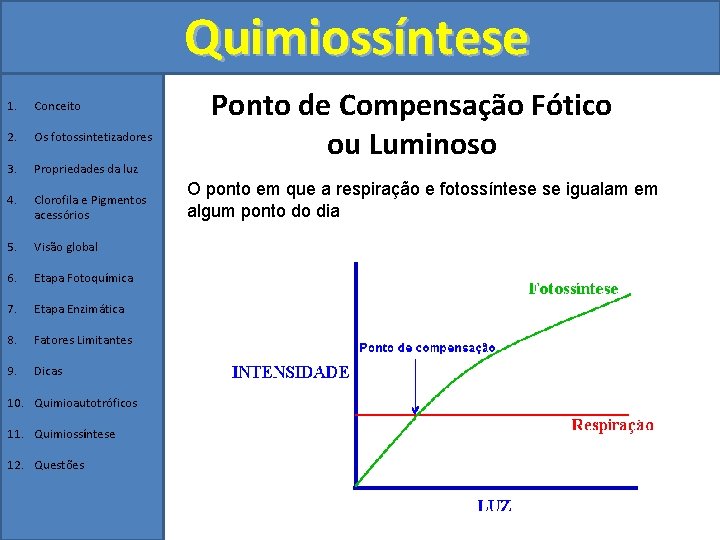 Quimiossíntese 1. Conceito 2. Os fotossintetizadores 3. Propriedades da luz 4. Clorofila e Pigmentos