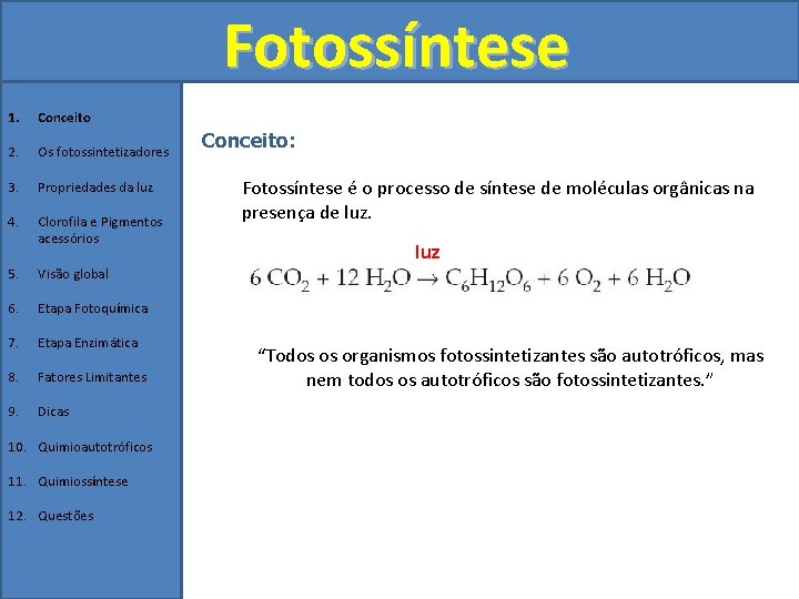 Fotossíntese 1. Conceito 2. Os fotossintetizadores 3. Propriedades da luz 4. Clorofila e Pigmentos