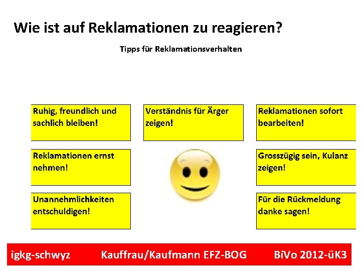 Wie ist auf Reklamationen zu reagieren? Tipps für Reklamationsverhalten igkg-schwyz Kauffrau/Kaufmann EFZ-BOG Bi. Vo