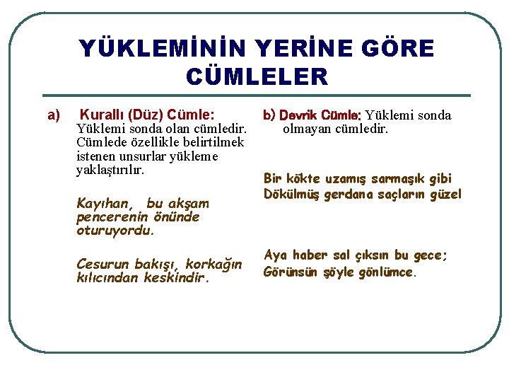 YÜKLEMİNİN YERİNE GÖRE CÜMLELER a) Kurallı (Düz) Cümle: Yüklemi sonda olan cümledir. Cümlede özellikle