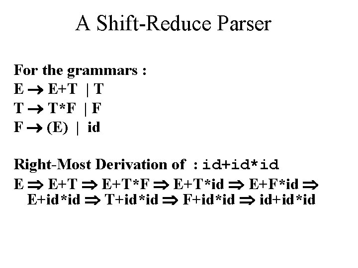 A Shift-Reduce Parser For the grammars : E E+T | T T T*F |