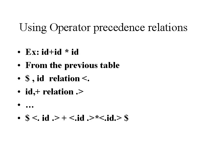 Using Operator precedence relations • • • Ex: id+id * id From the previous