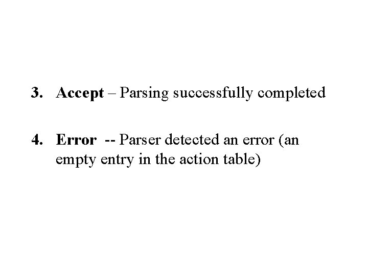 3. Accept – Parsing successfully completed 4. Error -- Parser detected an error (an