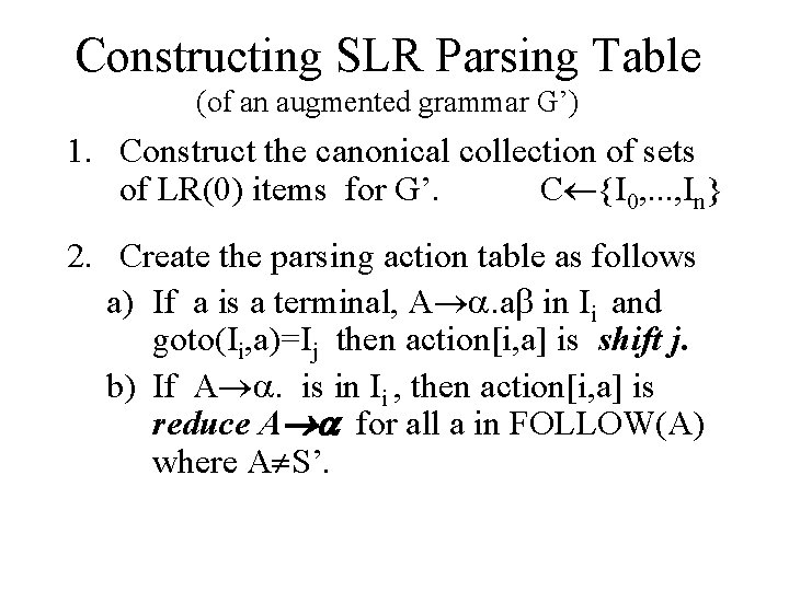 Constructing SLR Parsing Table (of an augmented grammar G’) 1. Construct the canonical collection