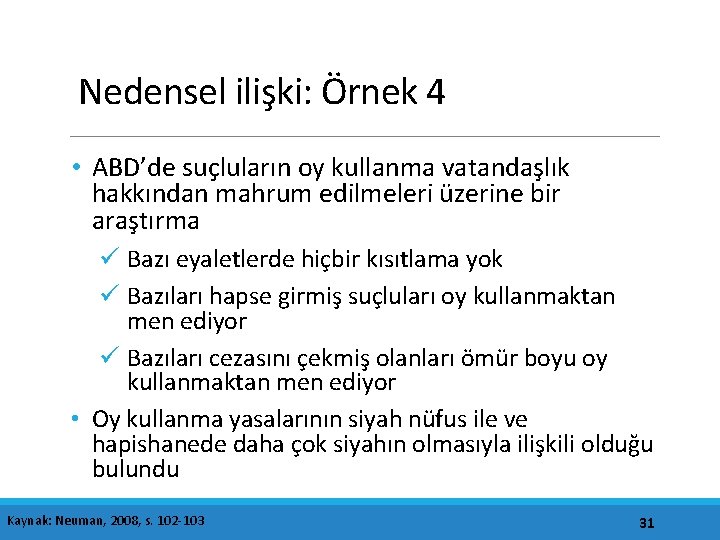 Nedensel ilişki: Örnek 4 • ABD’de suçluların oy kullanma vatandaşlık hakkından mahrum edilmeleri üzerine