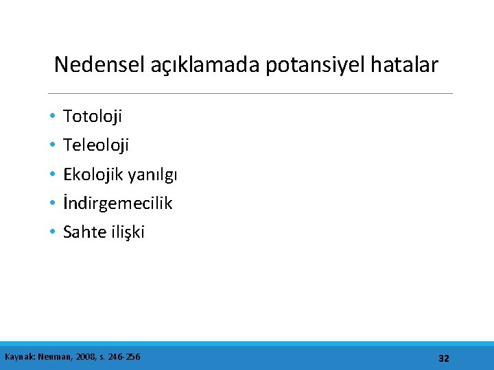 Nedensel açıklamada potansiyel hatalar • • • Totoloji Teleoloji Ekolojik yanılgı İndirgemecilik Sahte ilişki