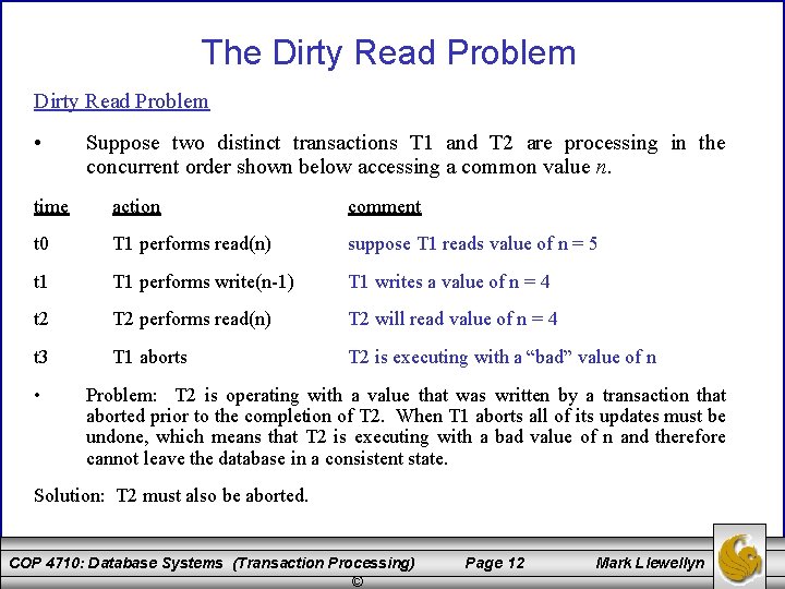 The Dirty Read Problem • Suppose two distinct transactions T 1 and T 2