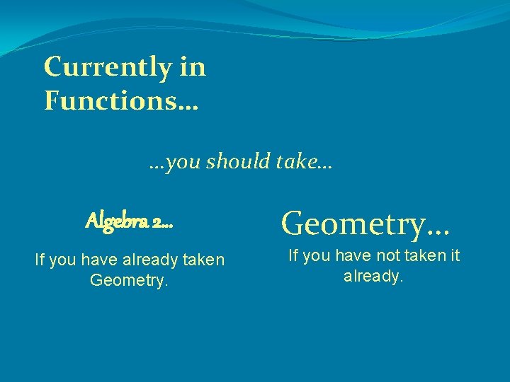 Currently in Functions… …you should take… Algebra 2… If you have already taken Geometry…