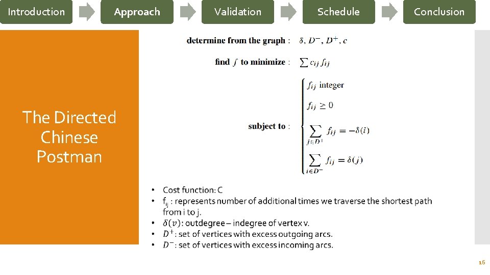 Introduction Approach Validation Schedule Conclusion The Directed Chinese Postman 16 
