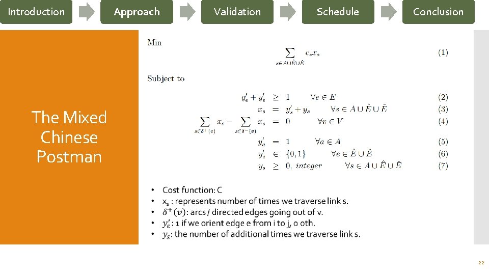 Introduction Approach Validation Schedule Conclusion The Mixed Chinese Postman 22 
