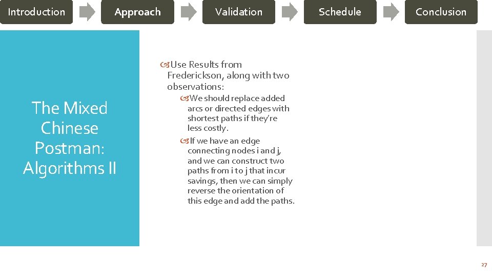 Introduction Approach Validation Schedule Conclusion Use Results from Frederickson, along with two observations: The